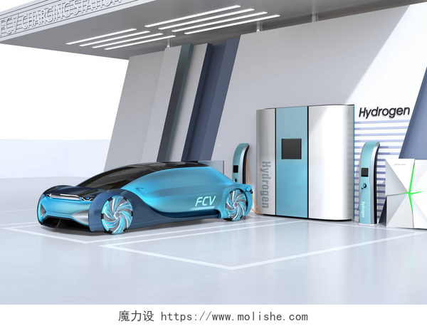 蓝色的氢气燃料汽车在充气体燃料电池驱动的自主汽车填充气体在燃料电池氢站。3d 渲染图像.